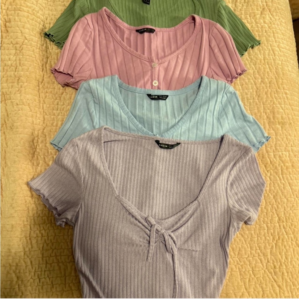 SHEIN Ribbed Knit V-Neck Tops - Green, Pink, Blue, Purple